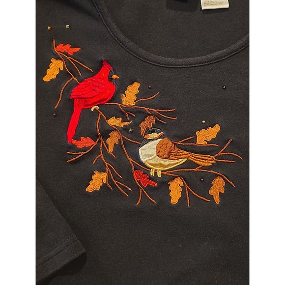 PB&J Top Small Black Embroidered Cardinals Fall Leaves 3/4 Sleeve Cotton - Picture 2 of 9